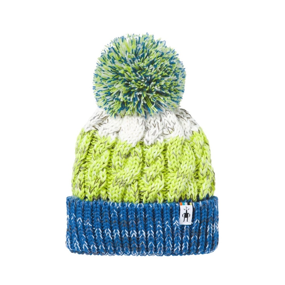 Smartwool Beanie Kids L-XL Lime‎ Green Blue Pom Pom Cable Knit Merino Wool Blend